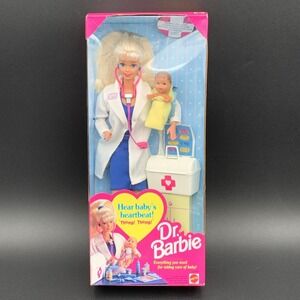 Dr Barbie Hear Baby's Heartbeat Doll 1993 Mattel 11160 Brunette Yellow Blanket